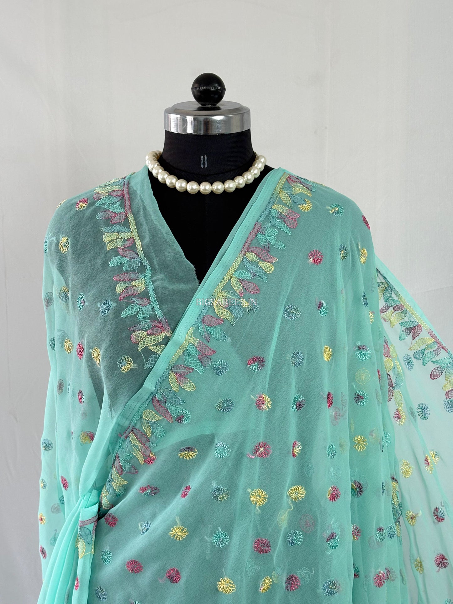 Chikankari Hand Embroidered Saree | Semi Georgette | Light Turquoise