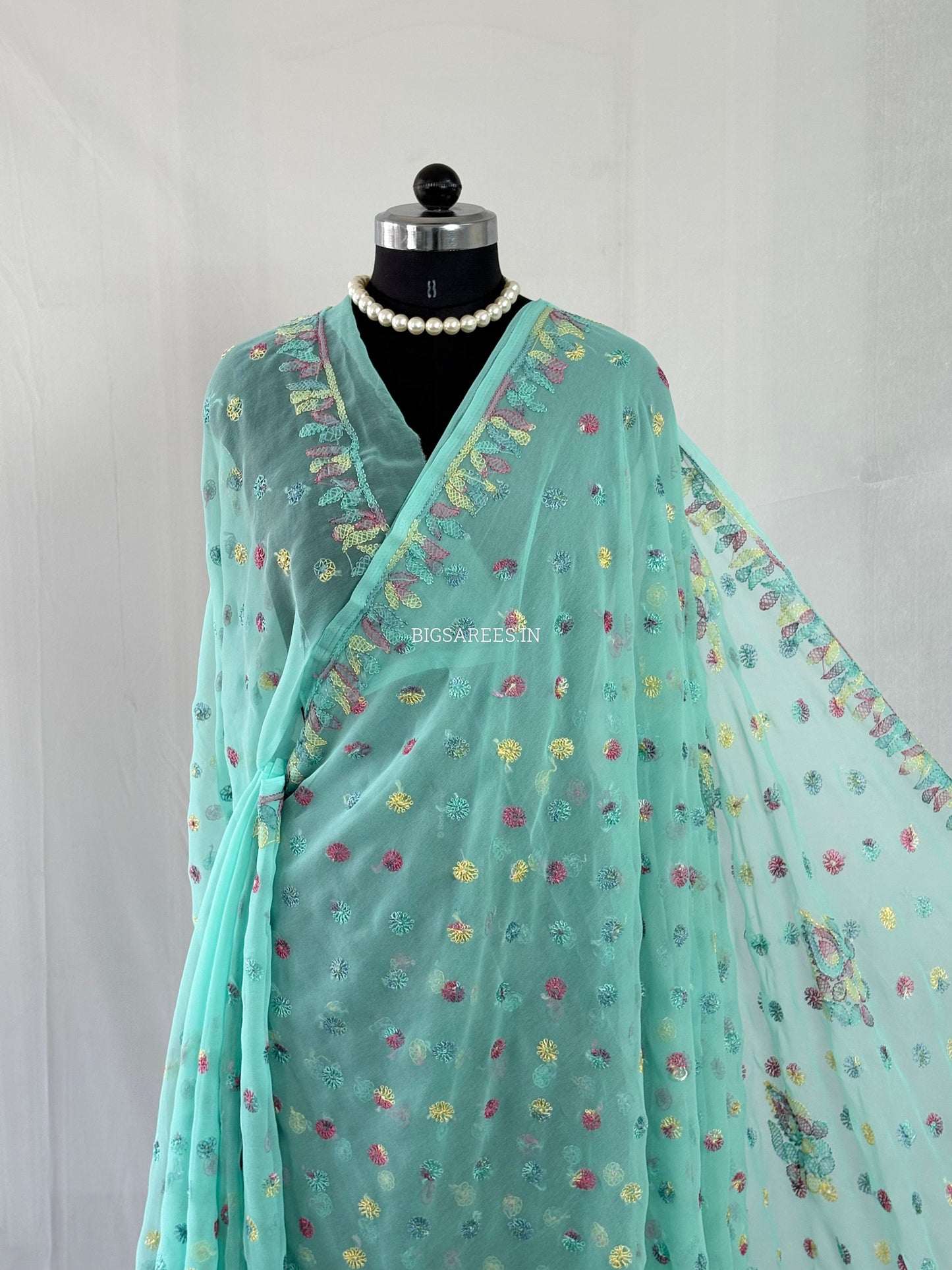 Chikankari Hand Embroidered Saree | Semi Georgette | Light Turquoise