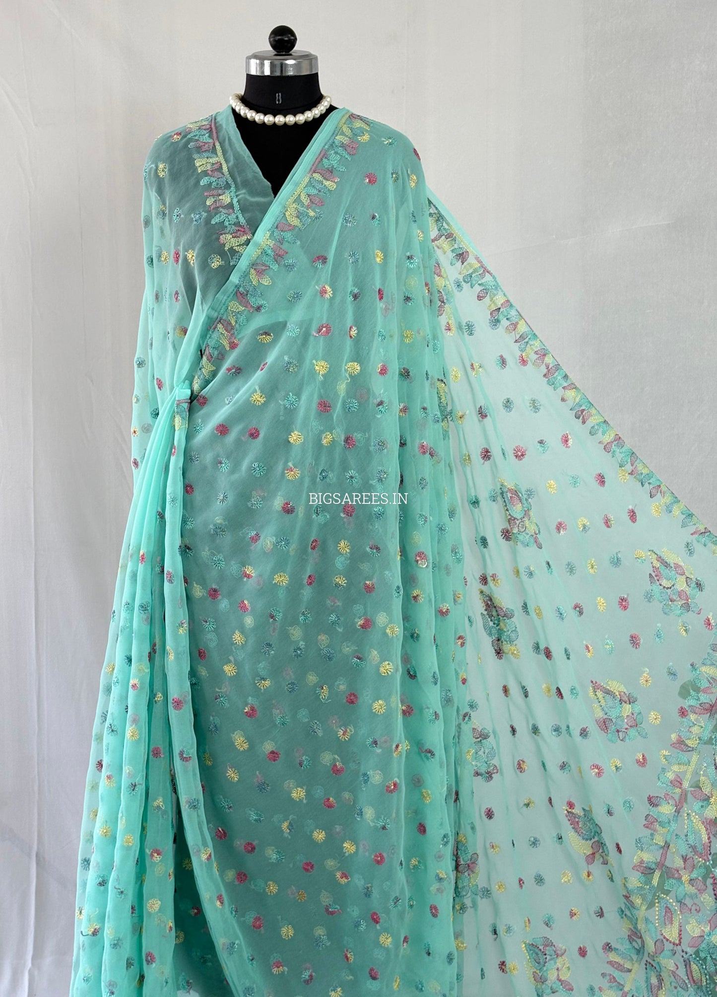 Chikankari Hand Embroidered Saree | Semi Georgette | Light Turquoise