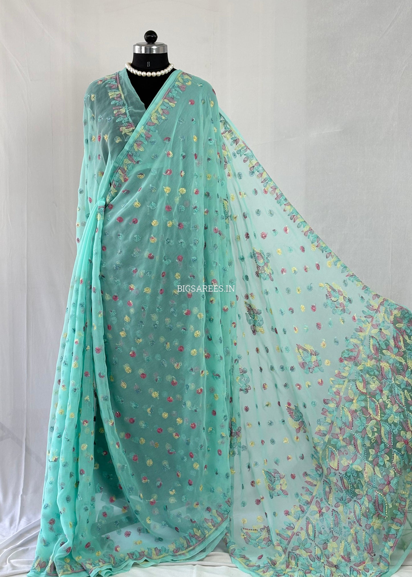 Chikankari Hand Embroidered Saree | Semi Georgette | Light Turquoise