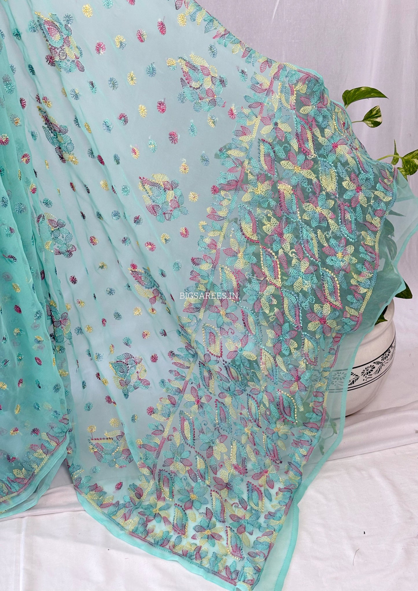 Chikankari Hand Embroidered Saree | Semi Georgette | Light Turquoise
