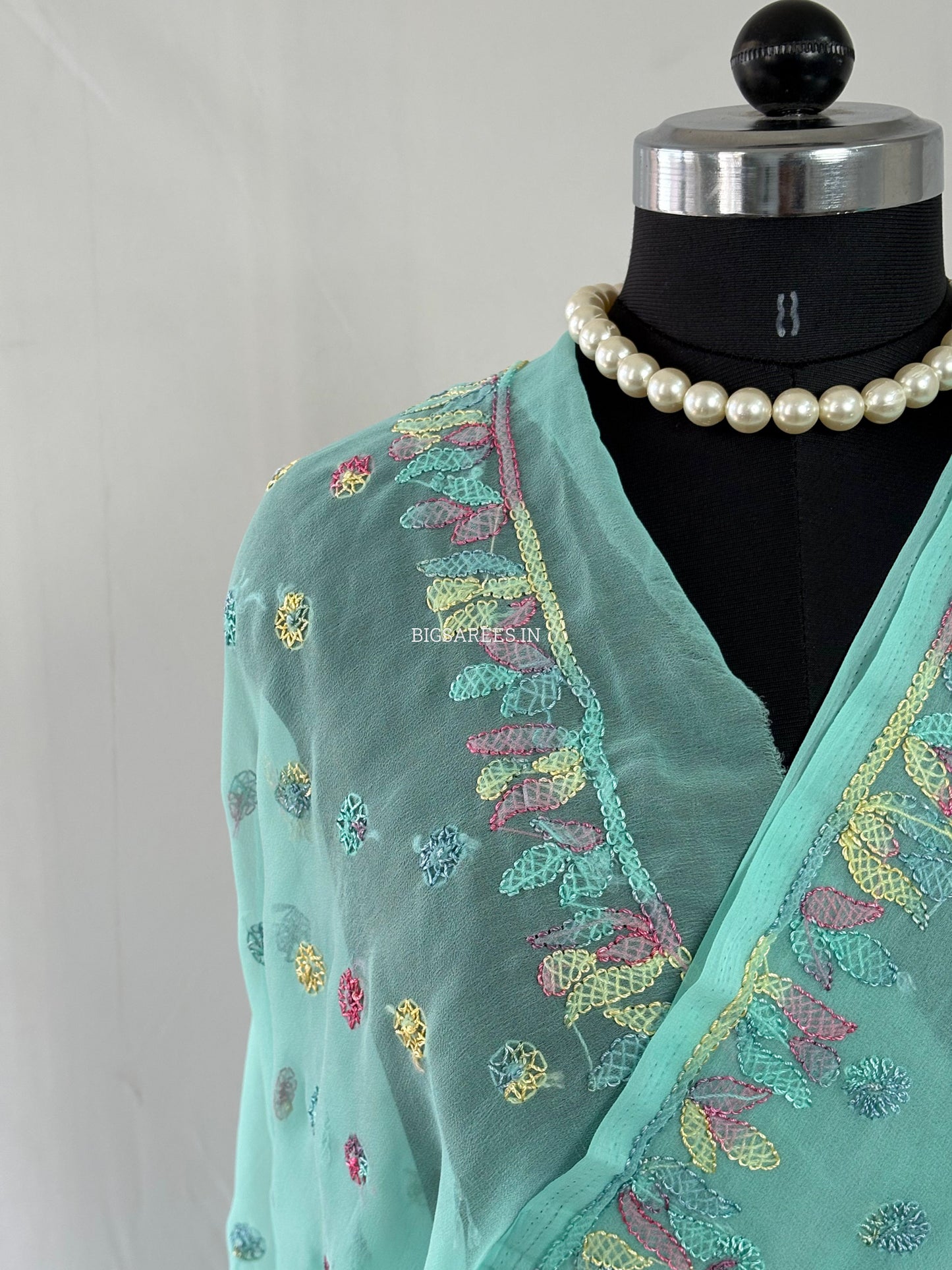 Chikankari Hand Embroidered Saree | Semi Georgette | Light Turquoise