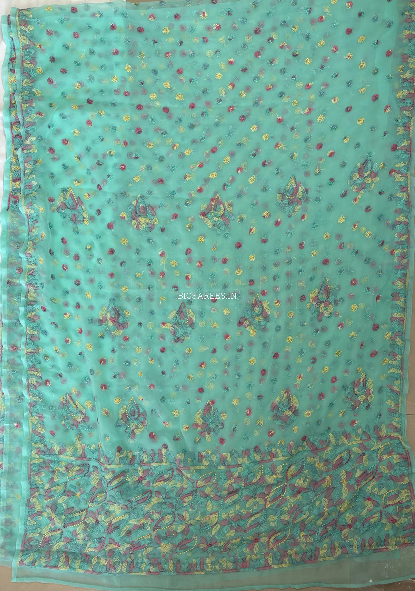Chikankari Hand Embroidered Saree | Semi Georgette | Light Turquoise