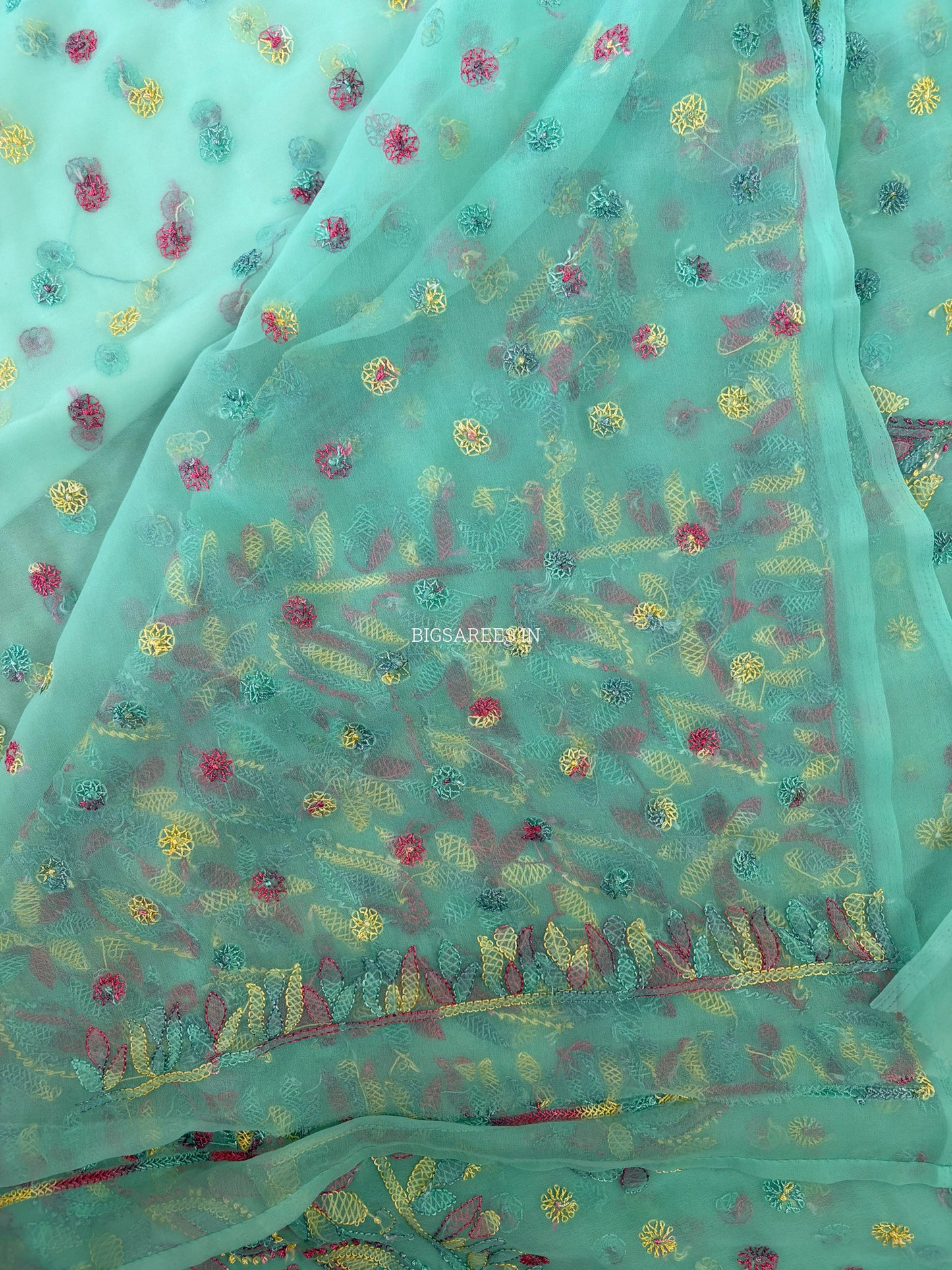 Chikankari Hand Embroidered Saree | Semi Georgette | Light Turquoise