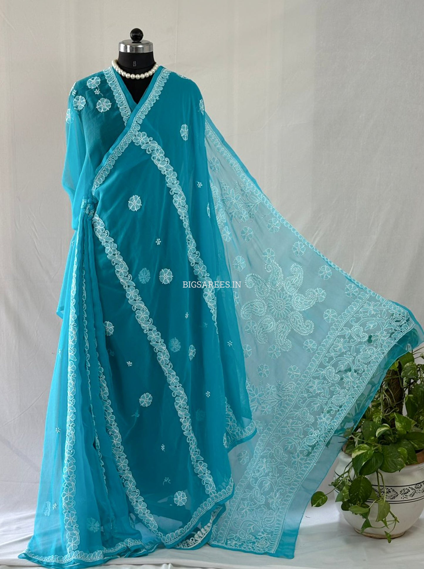 Chikankari Hand Embroidered Saree | Semi Georgette | Blue
