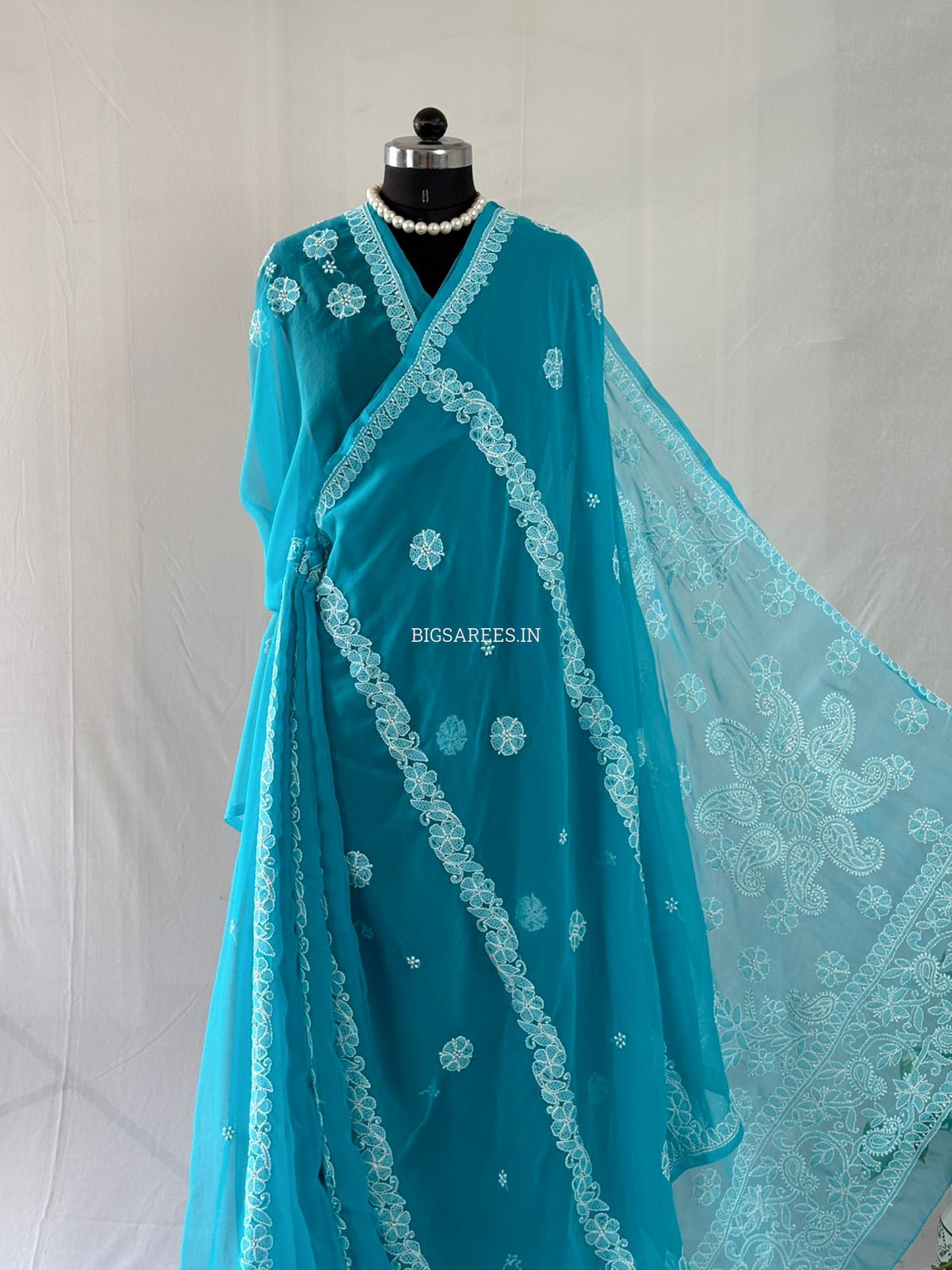 Chikankari Hand Embroidered Saree | Semi Georgette | Blue