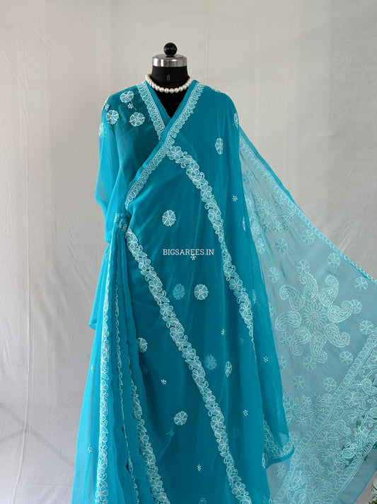 Chikankari Hand Embroidered Saree | Semi Georgette | Blue