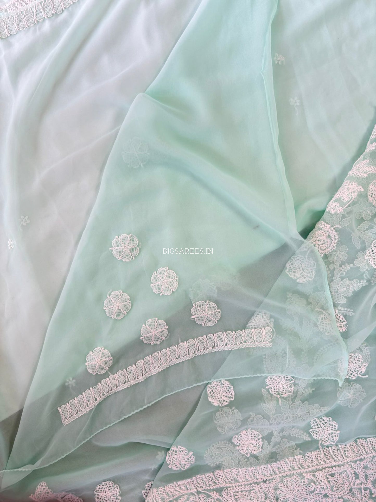 Chikankari Hand Embroidered Saree | Semi Georgette | Pastel Apple Green