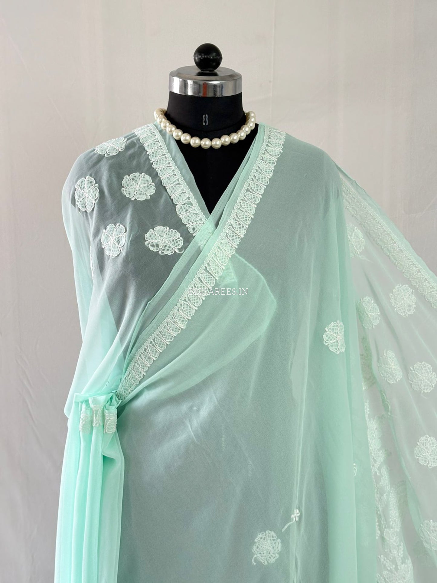 Chikankari Hand Embroidered Saree | Semi Georgette | Pastel Apple Green