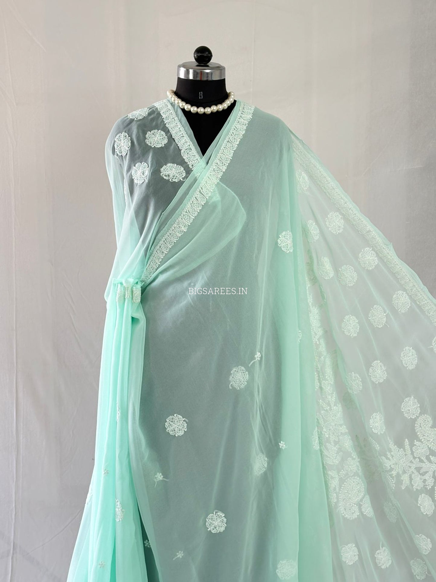 Chikankari Hand Embroidered Saree | Semi Georgette | Pastel Apple Green