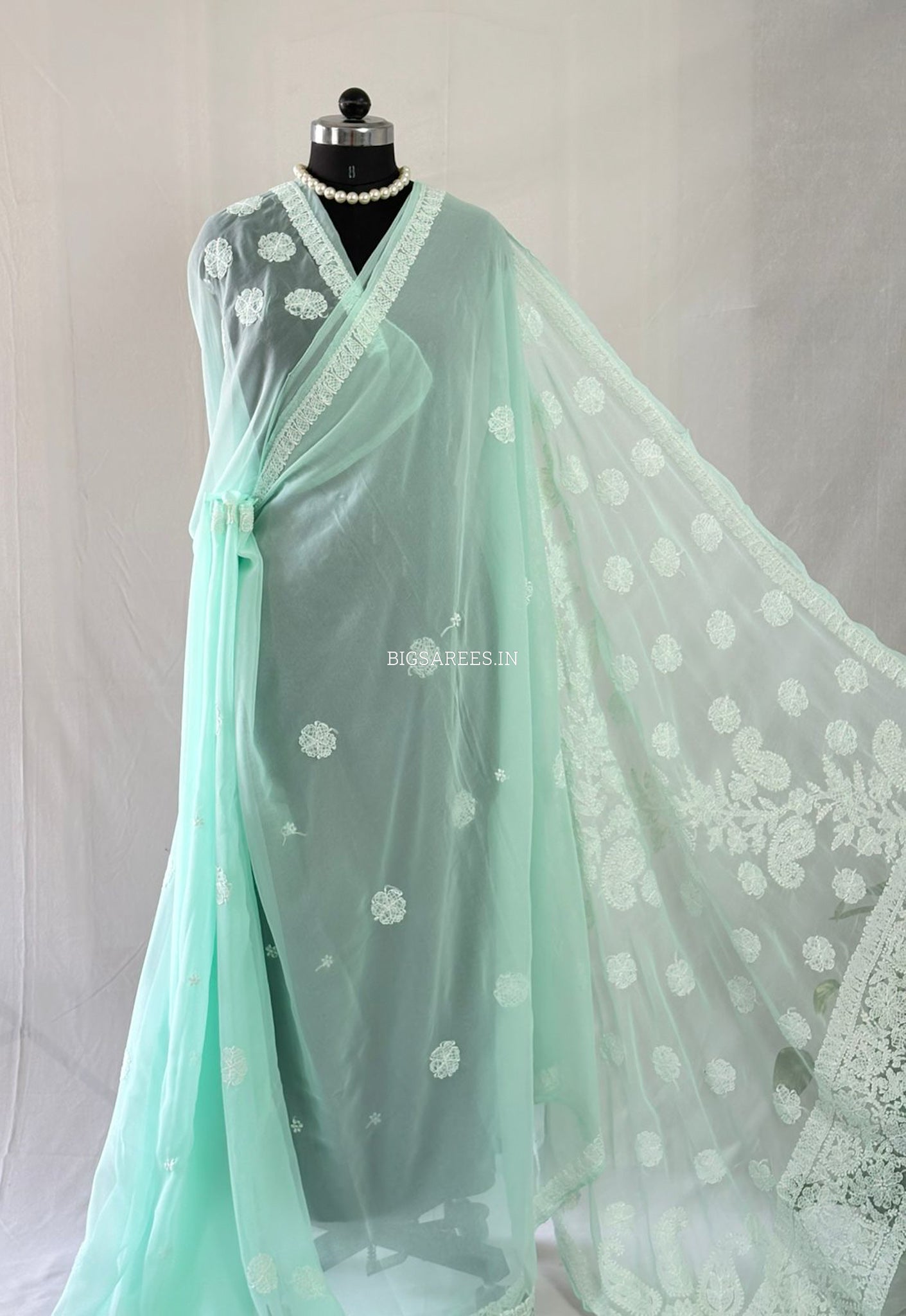 Chikankari Hand Embroidered Saree | Semi Georgette | Pastel Apple Green