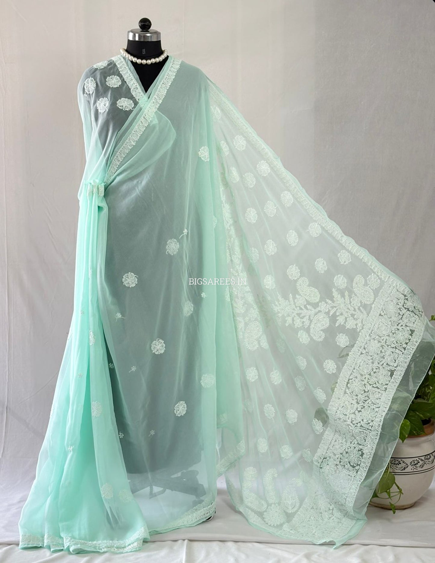 Chikankari Hand Embroidered Saree | Semi Georgette | Pastel Apple Green