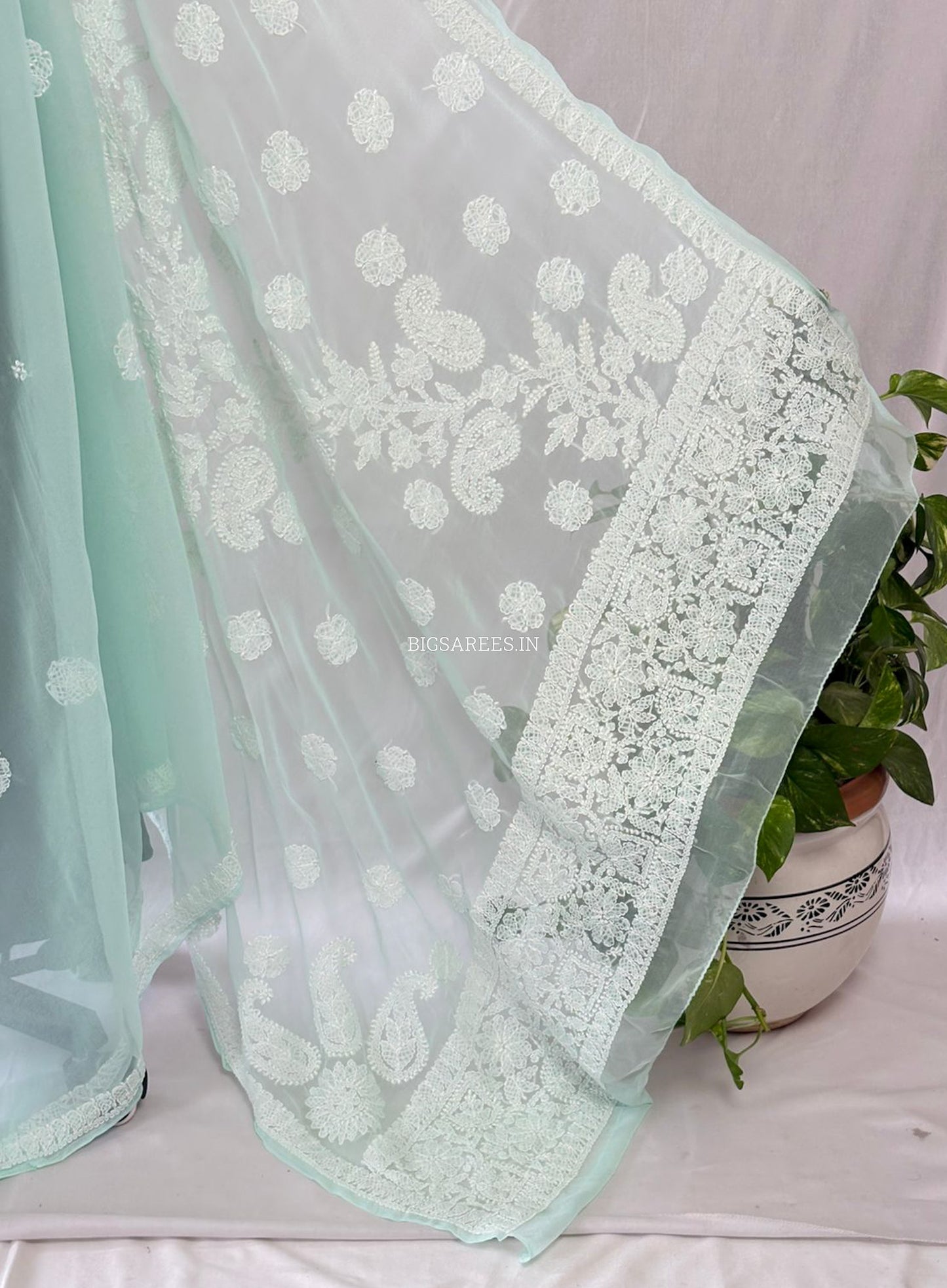 Chikankari Hand Embroidered Saree | Semi Georgette | Pastel Apple Green