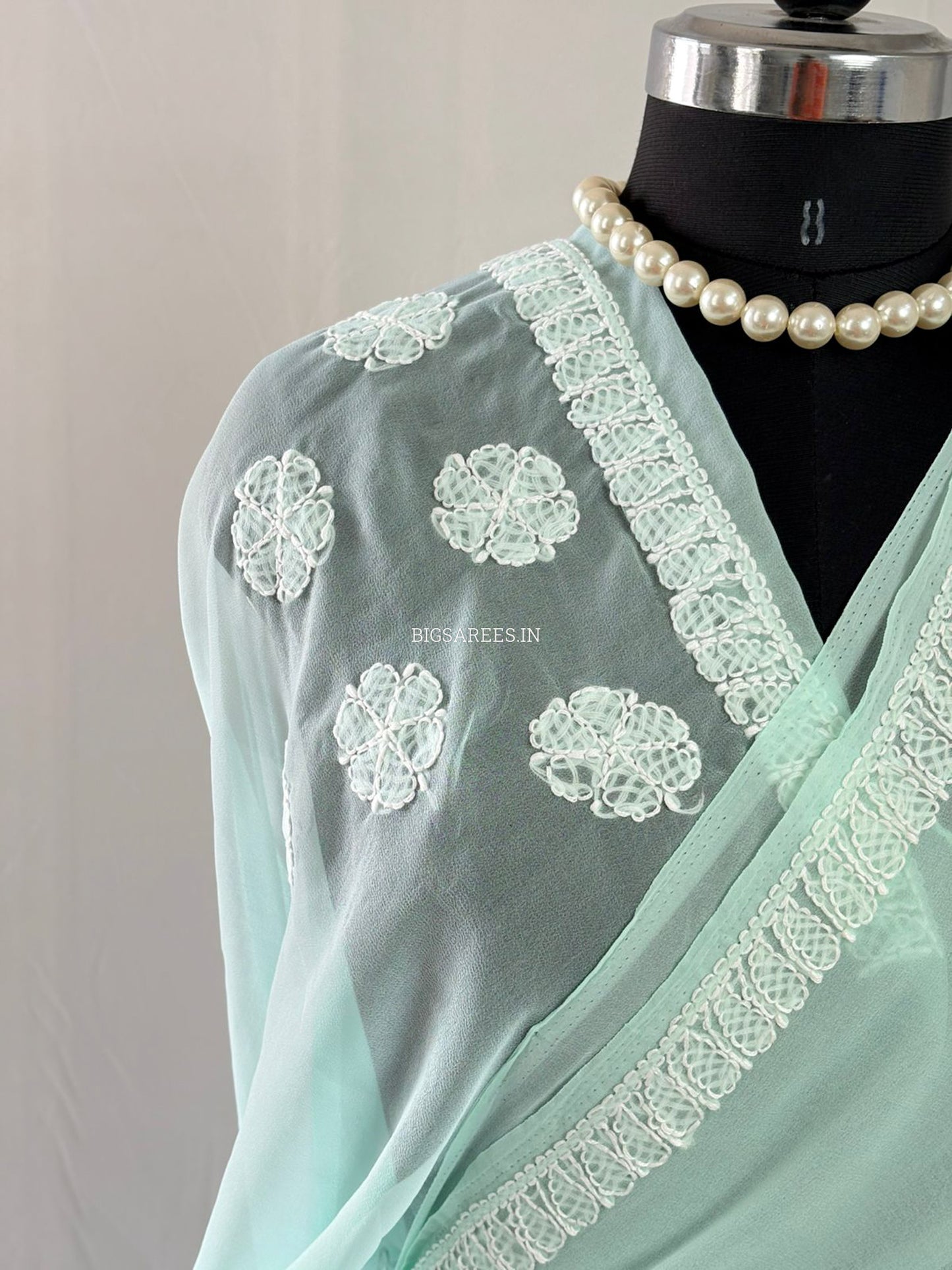 Chikankari Hand Embroidered Saree | Semi Georgette | Pastel Apple Green