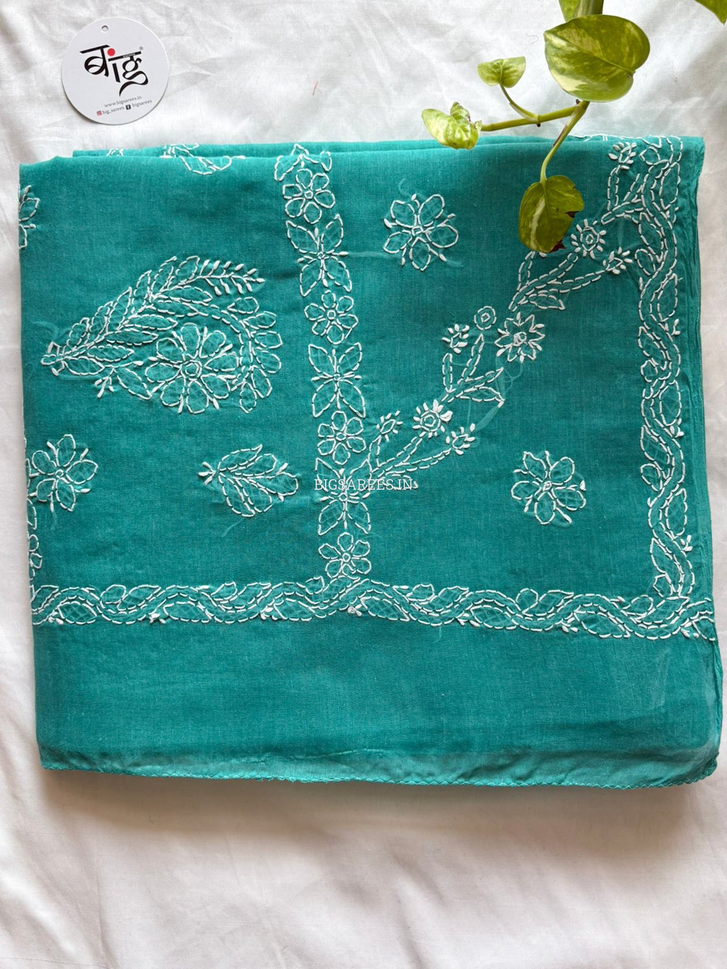 Chikankari Hand-Embroidered Saree | Heavy Work | Cotton | Dark Sea Green