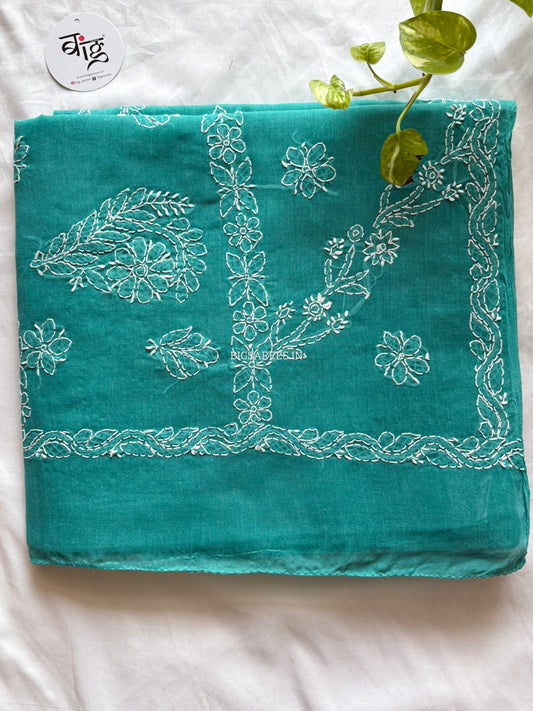 Chikankari Hand-Embroidered Saree | Heavy Work | Cotton | Dark Sea Green