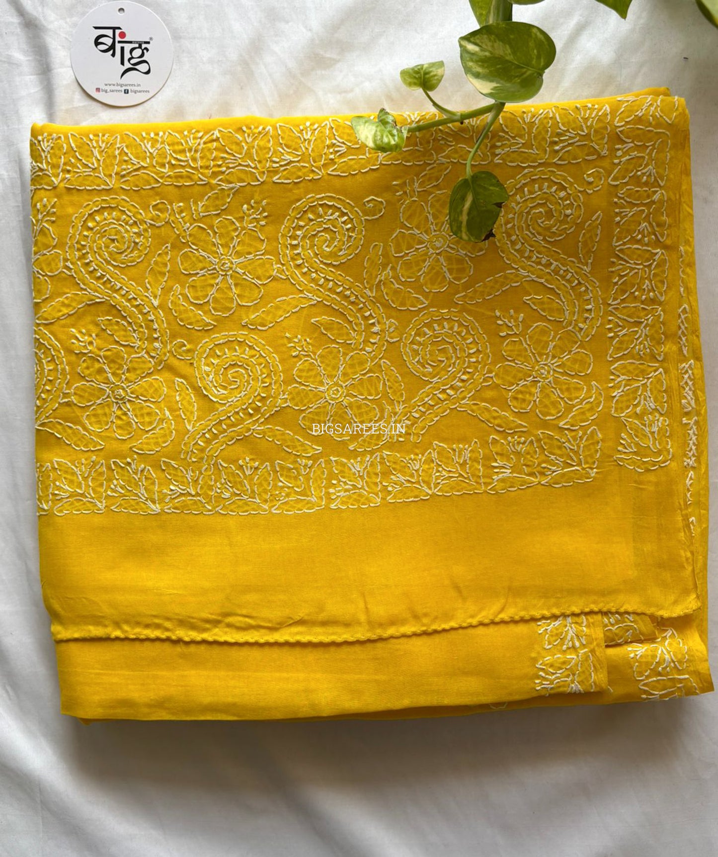 Chikankari Hand-Embroidered Saree | Heavy Work | Cotton | Bright Yellow