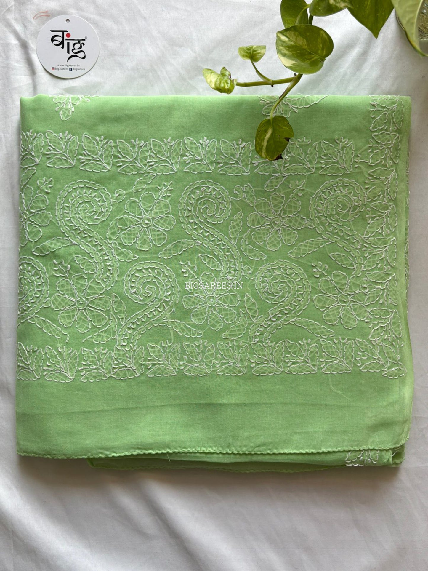 Chikankari Hand-Embroidered Saree | Heavy Work | Cotton | Light Green