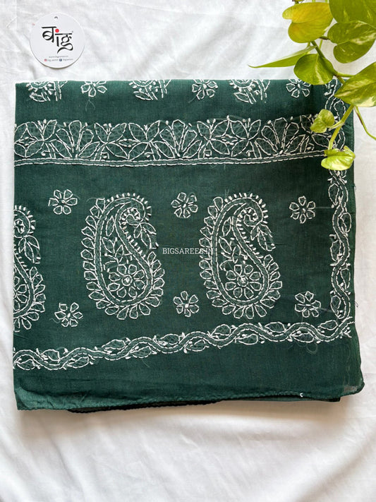 Chikankari Hand-Embroidered Saree | Heavy Work | Cotton | Dark Green