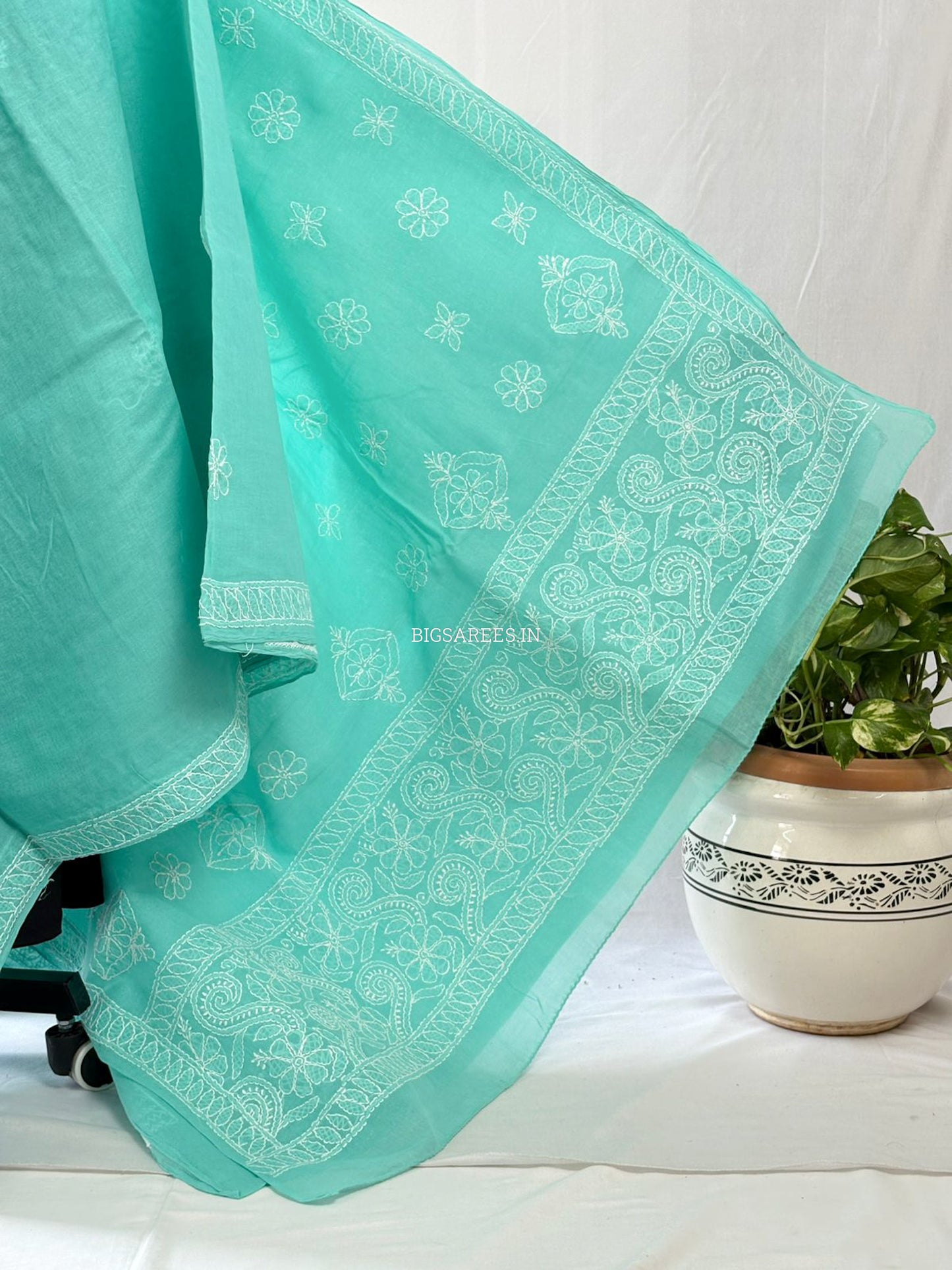Chikankari Hand-Embroidered Saree | Heavy Work | Cotton | Teal