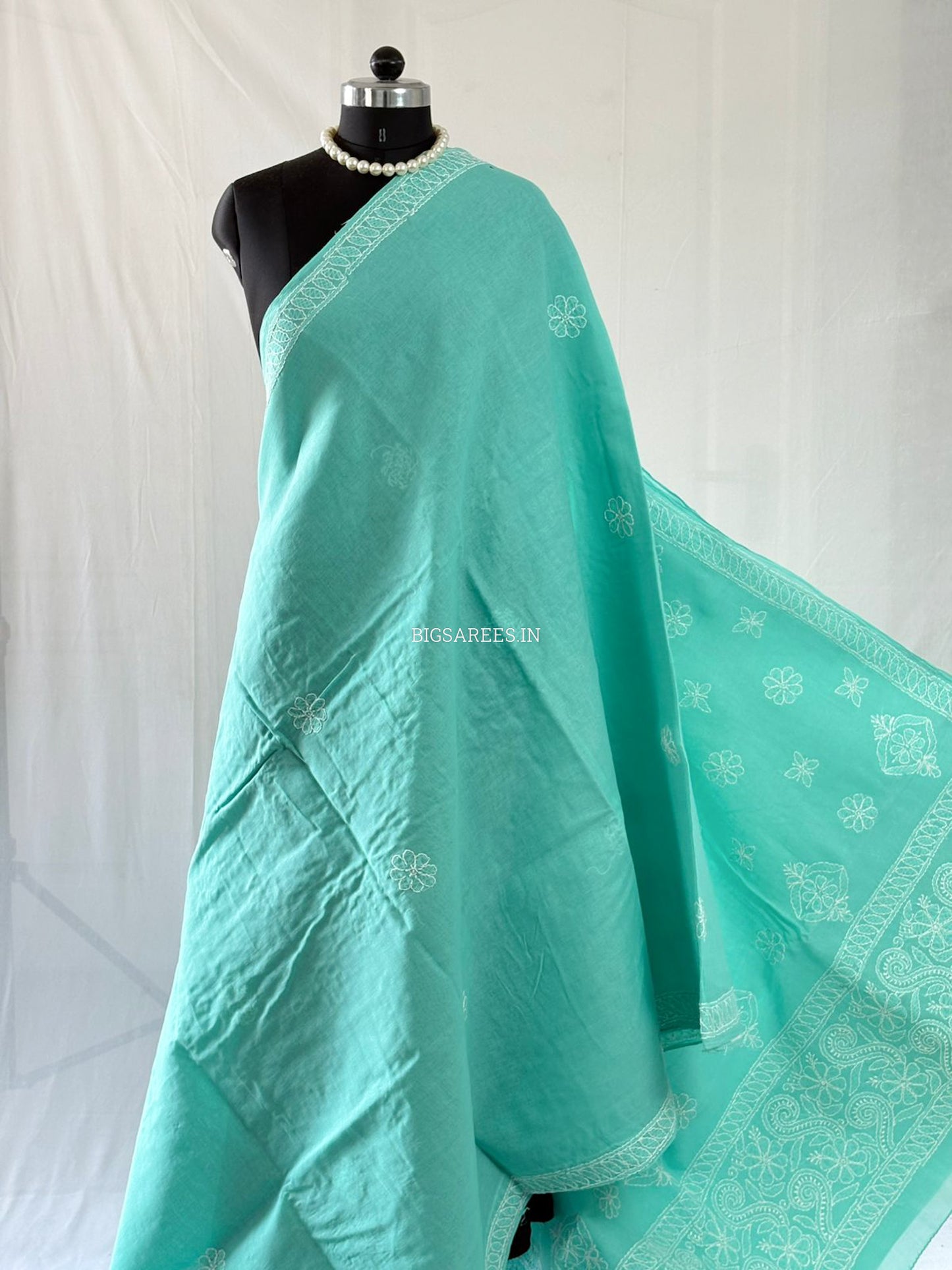 Chikankari Hand-Embroidered Saree | Heavy Work | Cotton | Teal