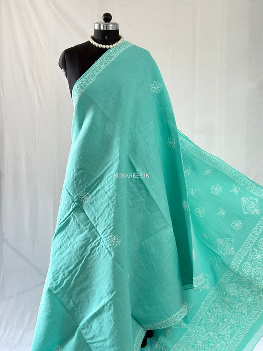 Chikankari Hand-Embroidered Saree | Heavy Work | Cotton | Teal