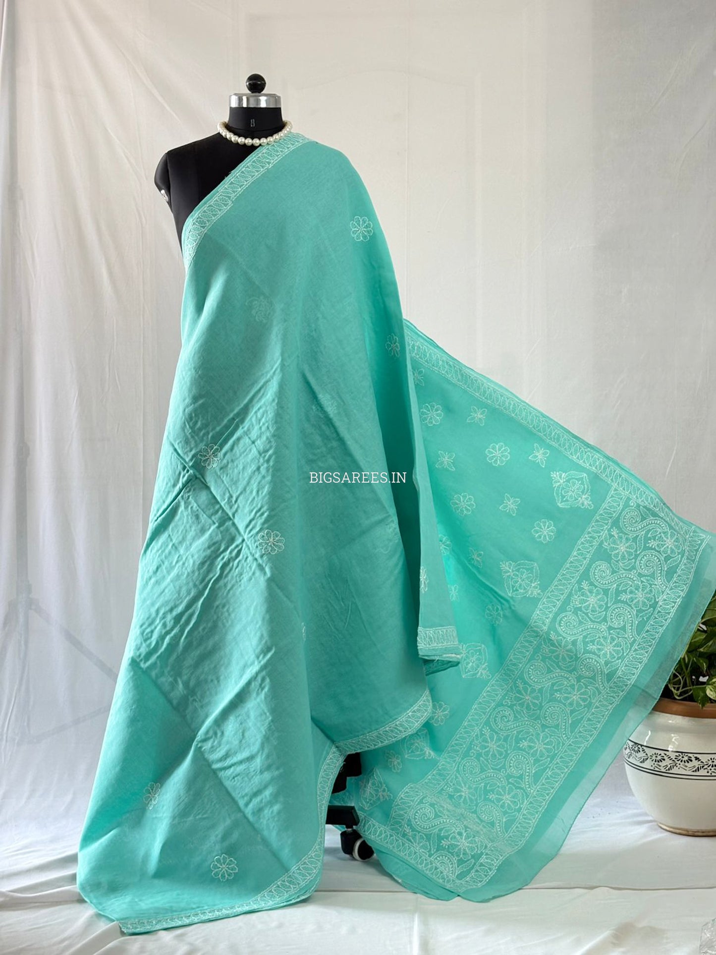 Chikankari Hand-Embroidered Saree | Heavy Work | Cotton | Teal