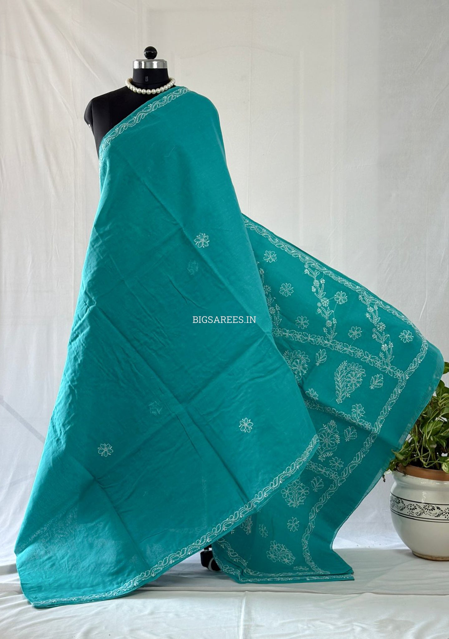 Chikankari Hand-Embroidered Saree | Heavy Work | Cotton | Dark Sea Green