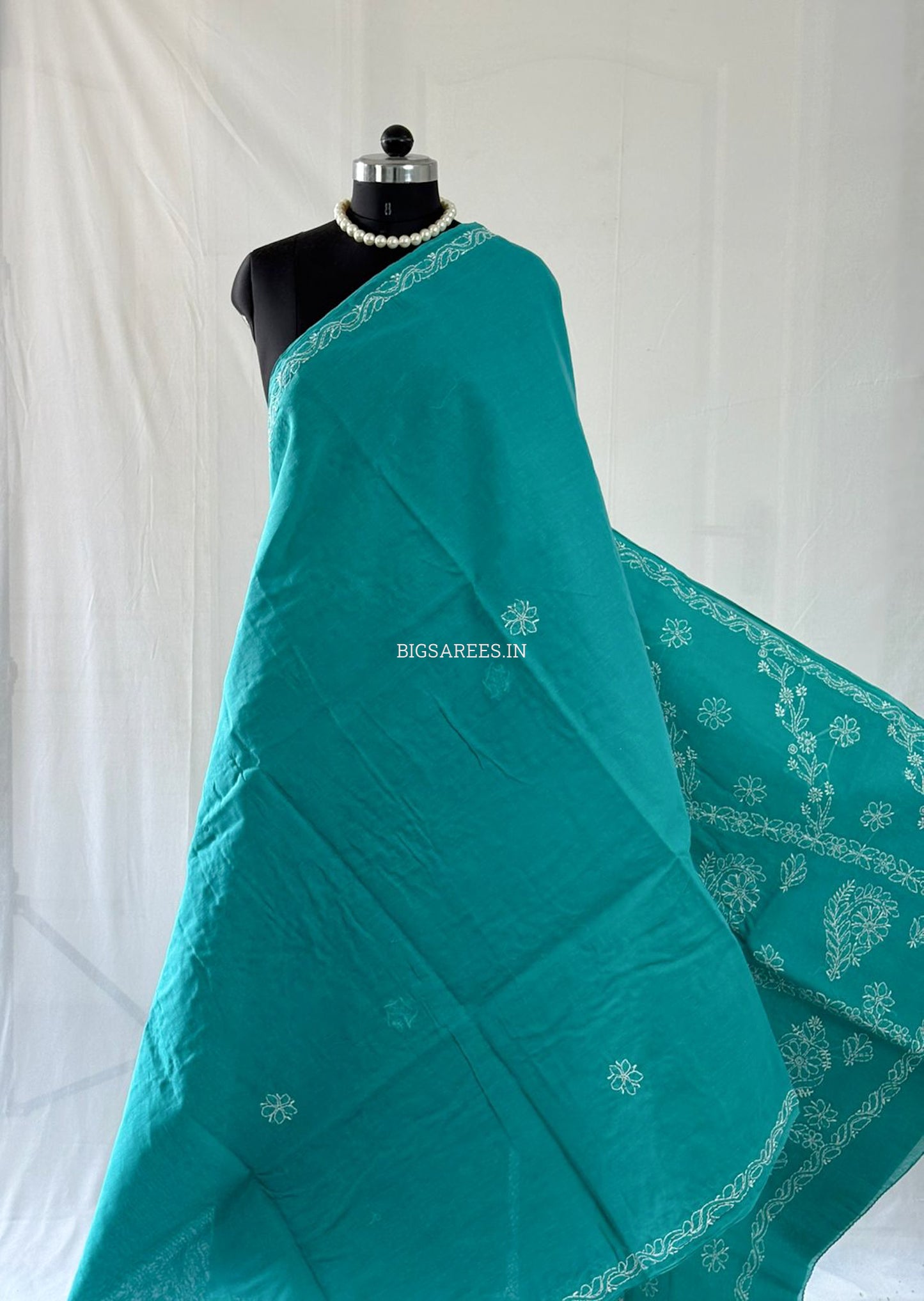 Chikankari Hand-Embroidered Saree | Heavy Work | Cotton | Dark Sea Green