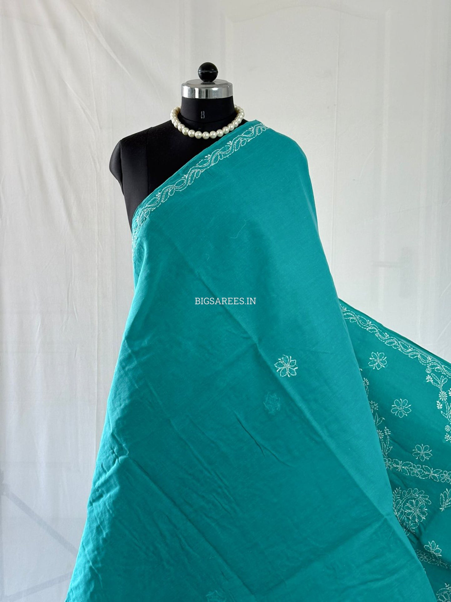 Chikankari Hand-Embroidered Saree | Heavy Work | Cotton | Dark Sea Green