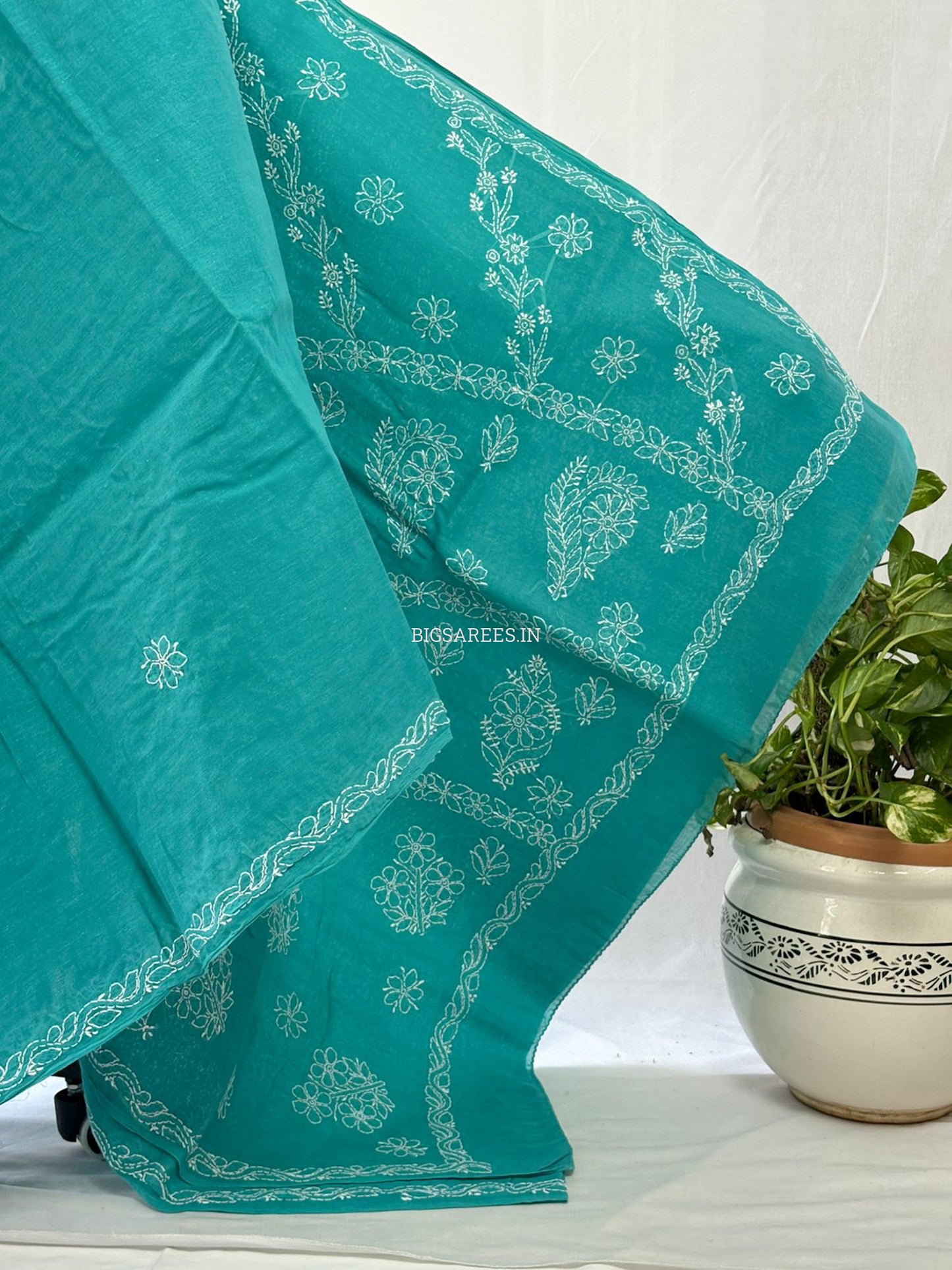 Chikankari Hand-Embroidered Saree | Heavy Work | Cotton | Dark Sea Green