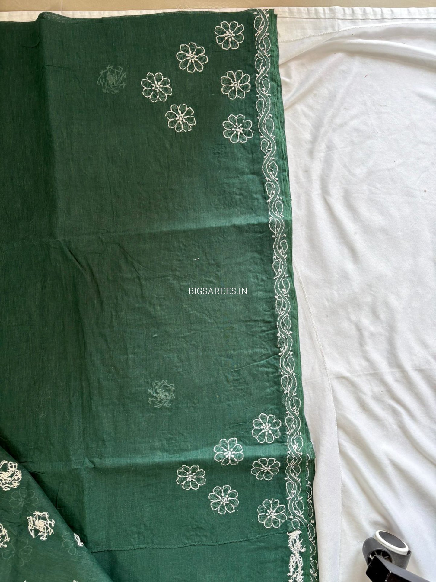 Chikankari Hand-Embroidered Saree | Heavy Work | Cotton | Dark Green