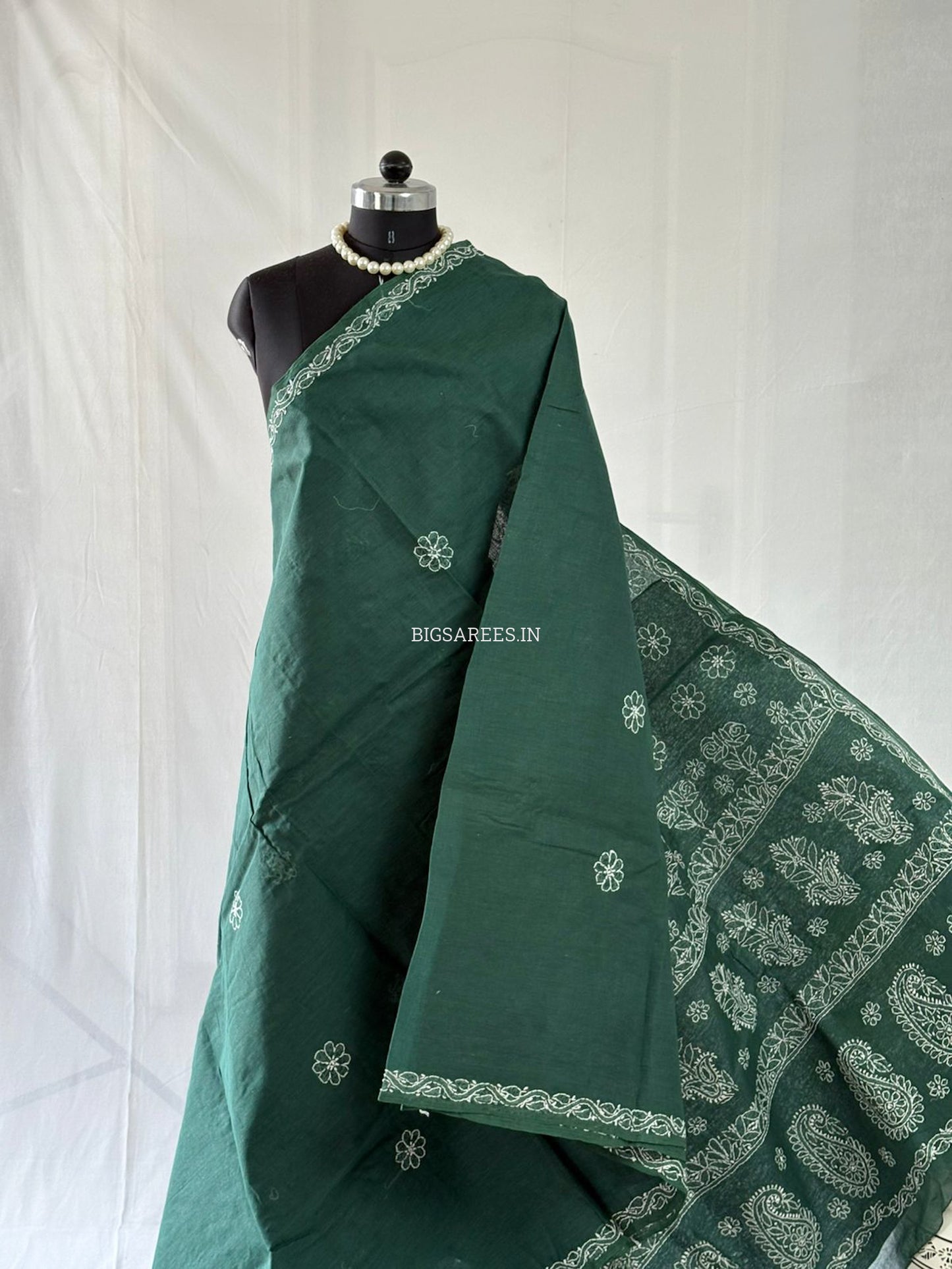 Chikankari Hand-Embroidered Saree | Heavy Work | Cotton | Dark Green