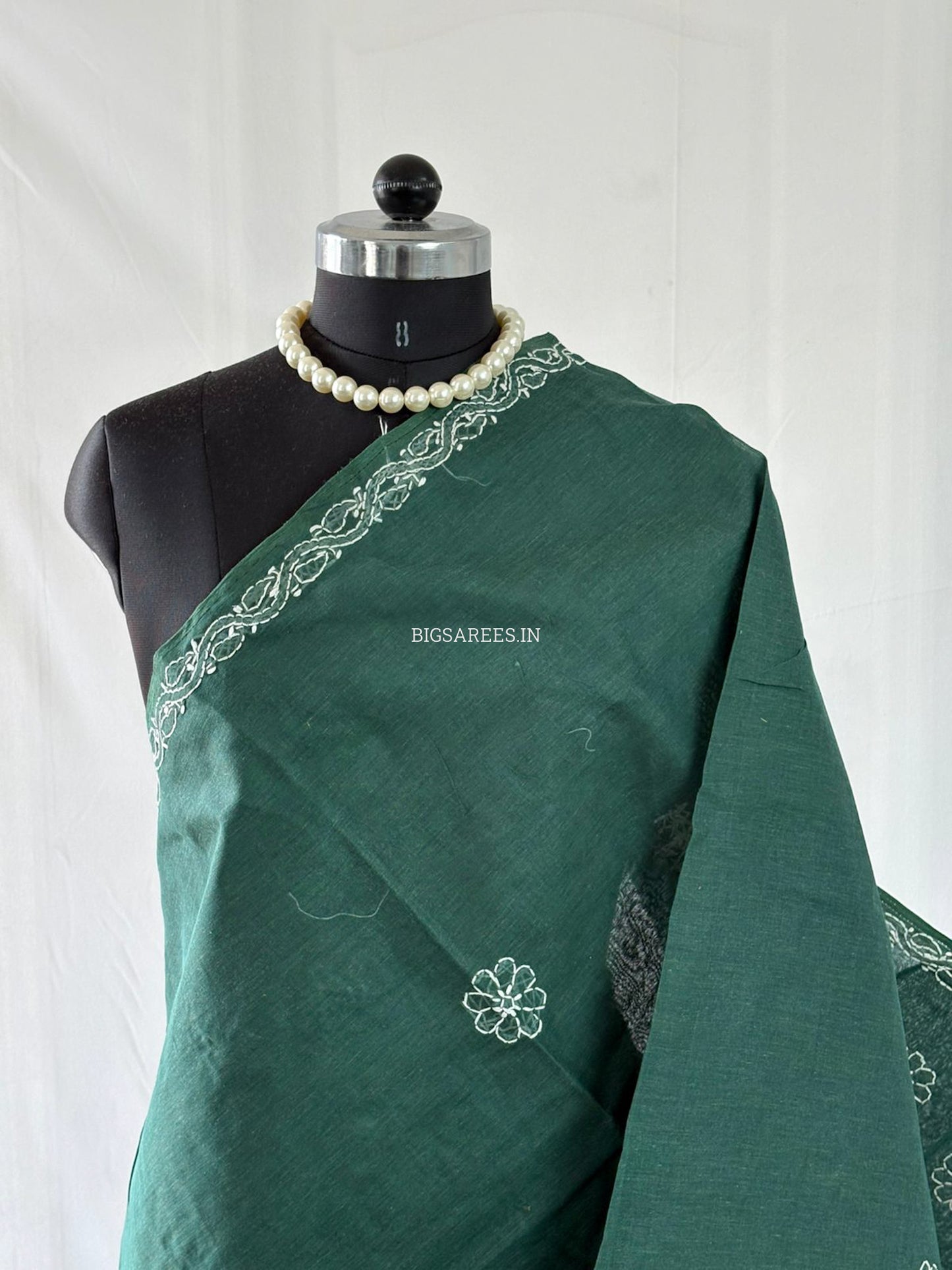 Chikankari Hand-Embroidered Saree | Heavy Work | Cotton | Dark Green