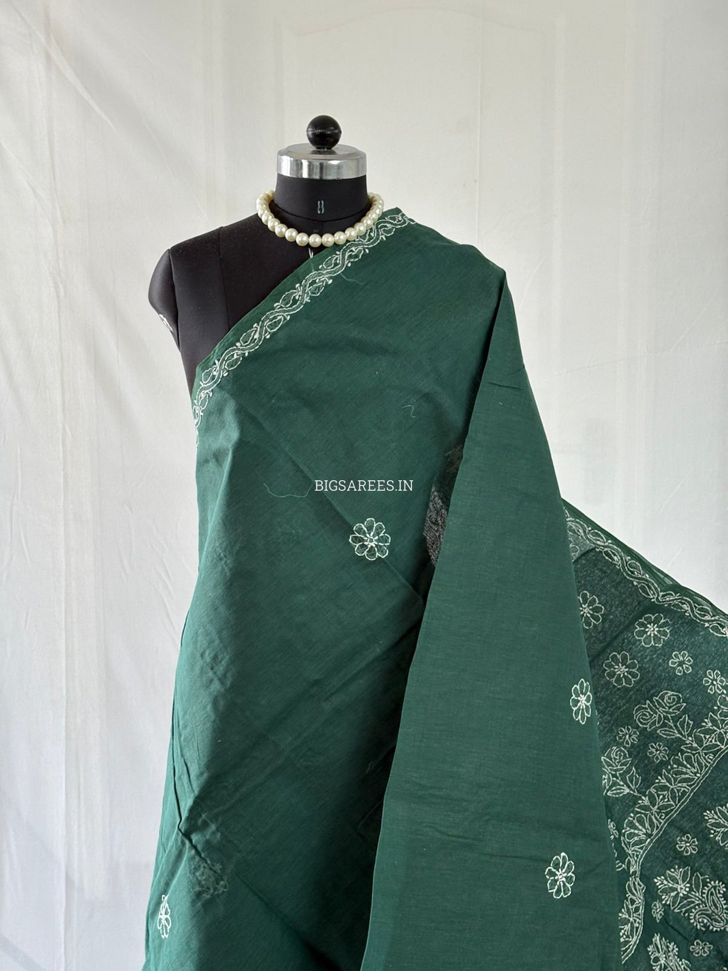 Chikankari Hand-Embroidered Saree | Heavy Work | Cotton | Dark Green