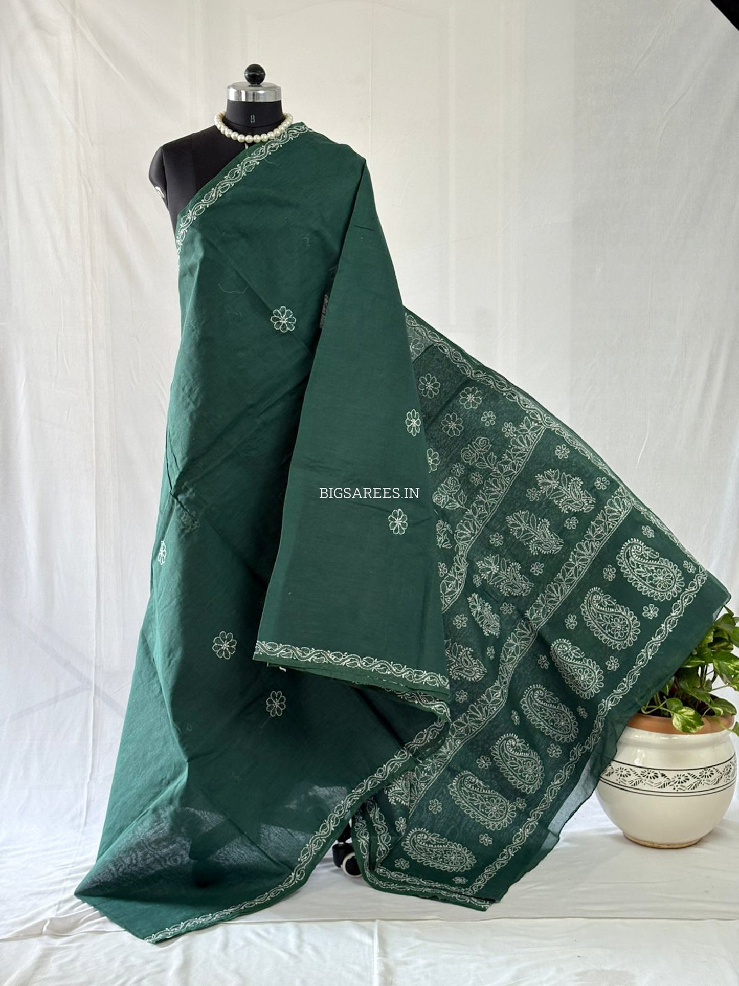 Chikankari Hand-Embroidered Saree | Heavy Work | Cotton | Dark Green