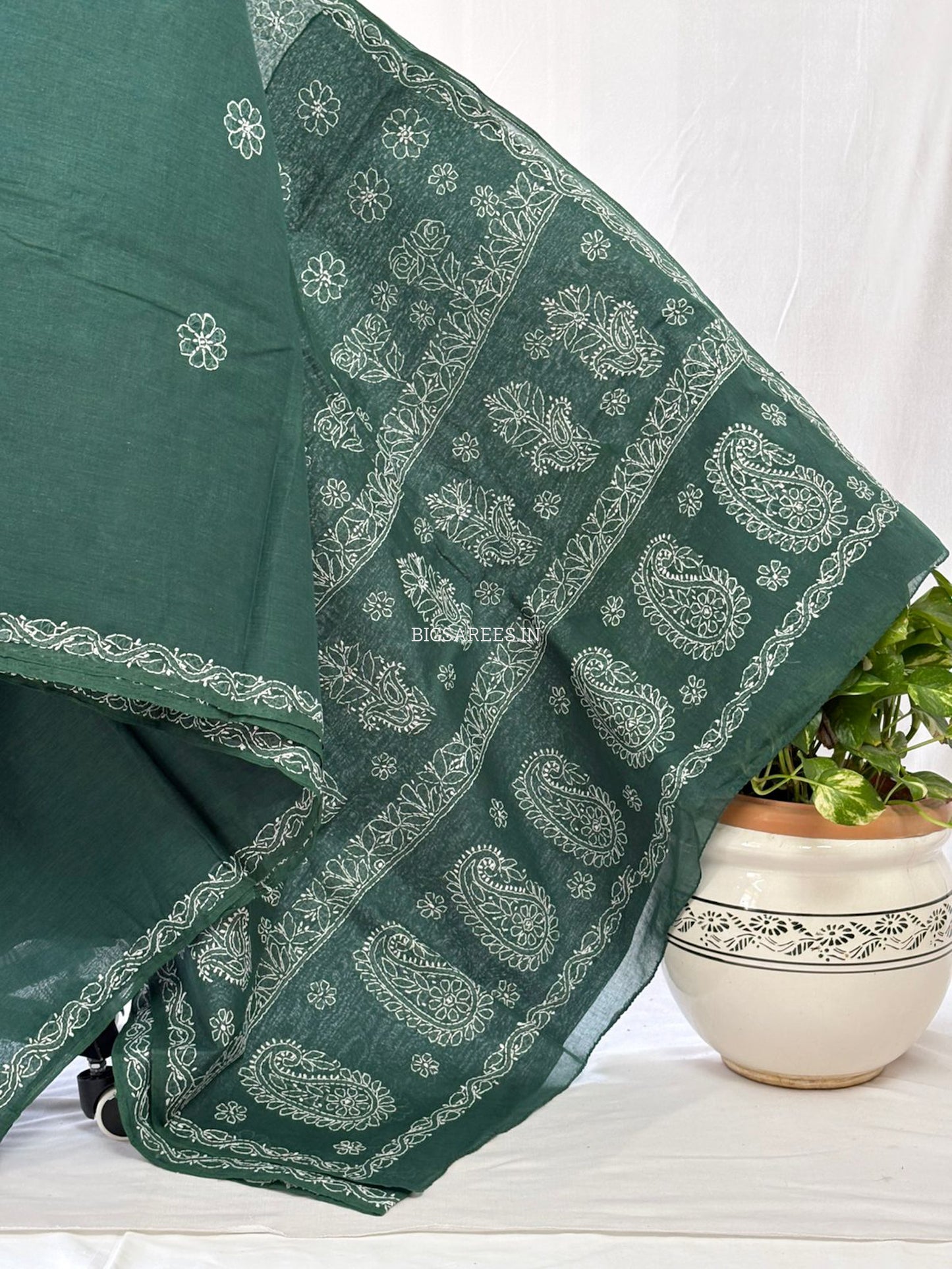 Chikankari Hand-Embroidered Saree | Heavy Work | Cotton | Dark Green