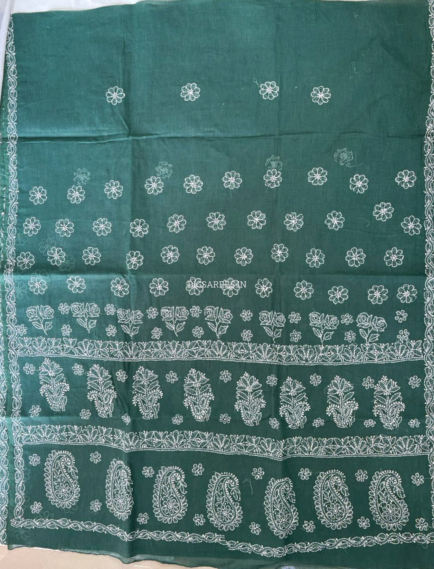 Chikankari Hand-Embroidered Saree | Heavy Work | Cotton | Dark Green