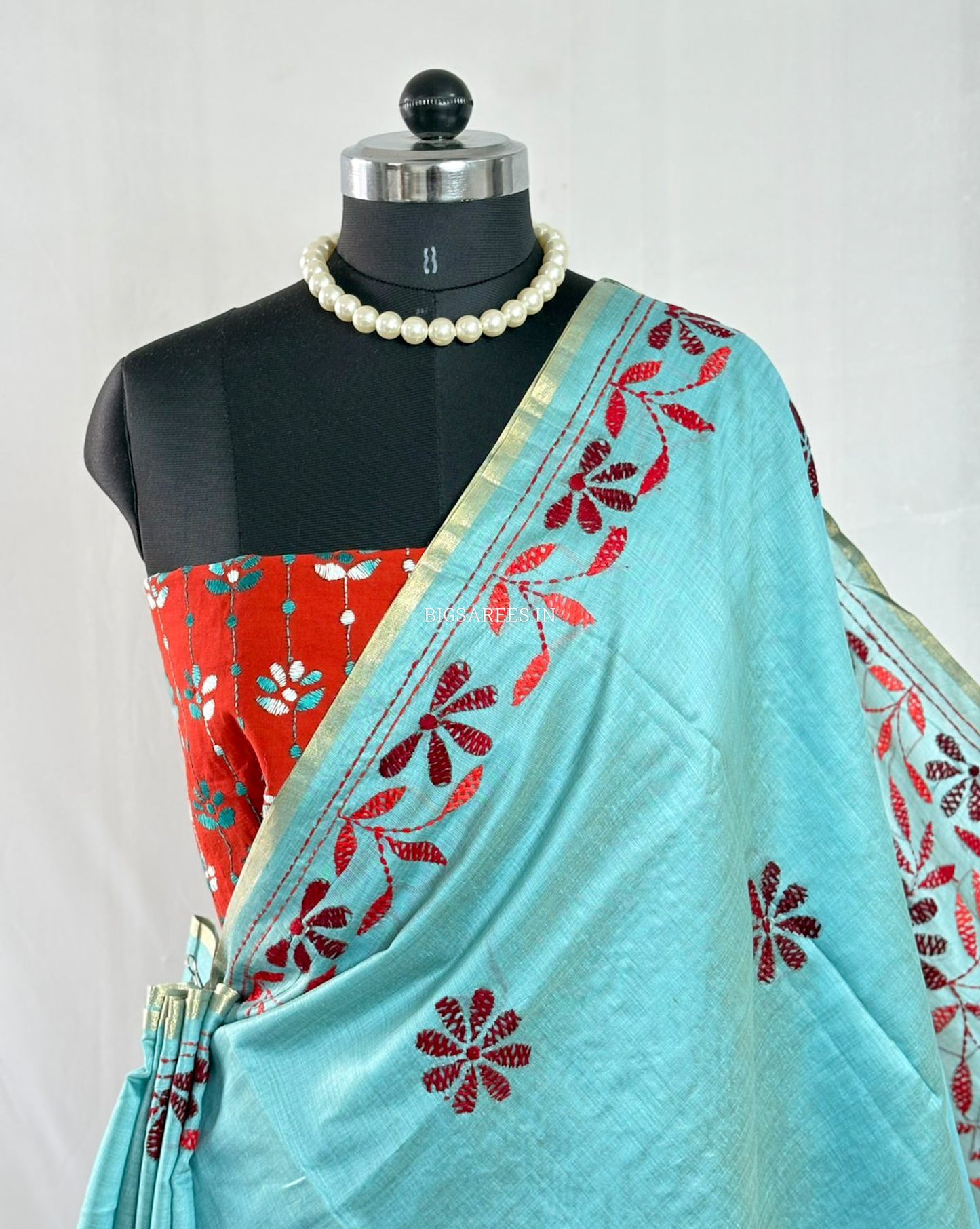 Kantha Stitch Semi Tussar with Blouse | Hand-Embroidered | Teal