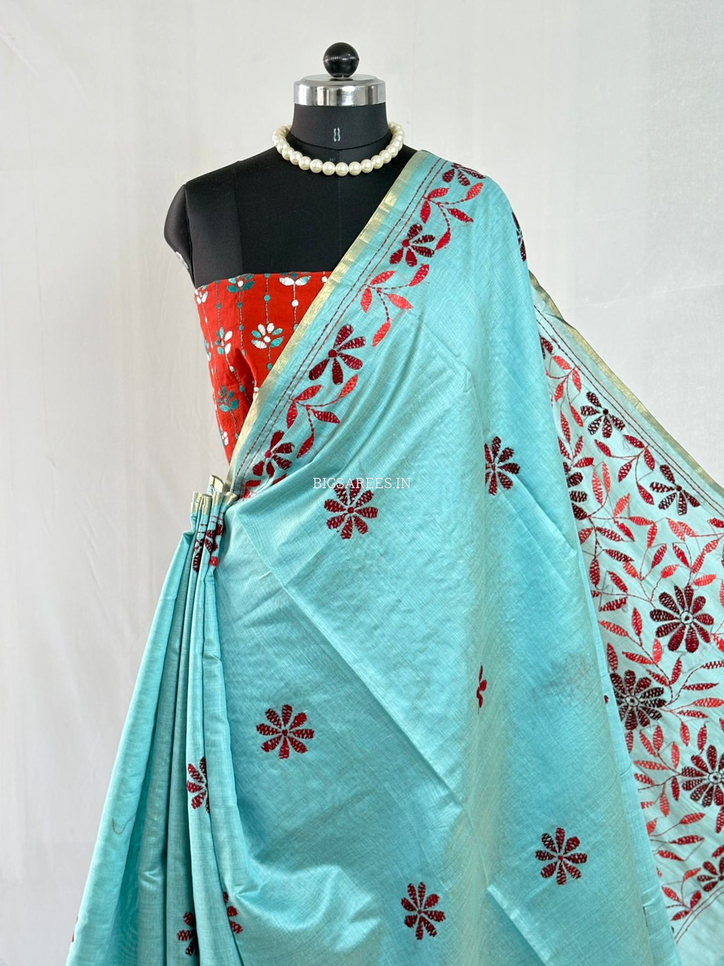 Kantha Stitch Semi Tussar with Blouse | Hand-Embroidered | Teal