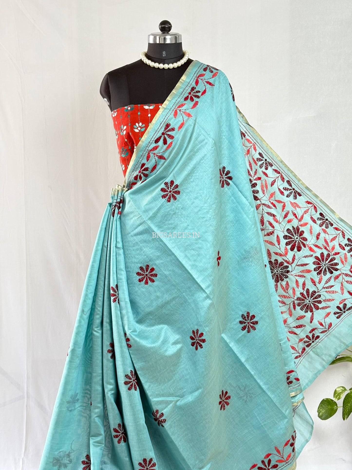 Kantha Stitch Semi Tussar with Blouse | Hand-Embroidered | Teal