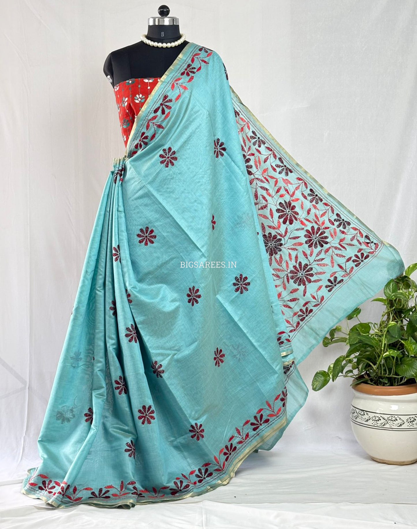 Kantha Stitch Semi Tussar with Blouse | Hand-Embroidered | Teal