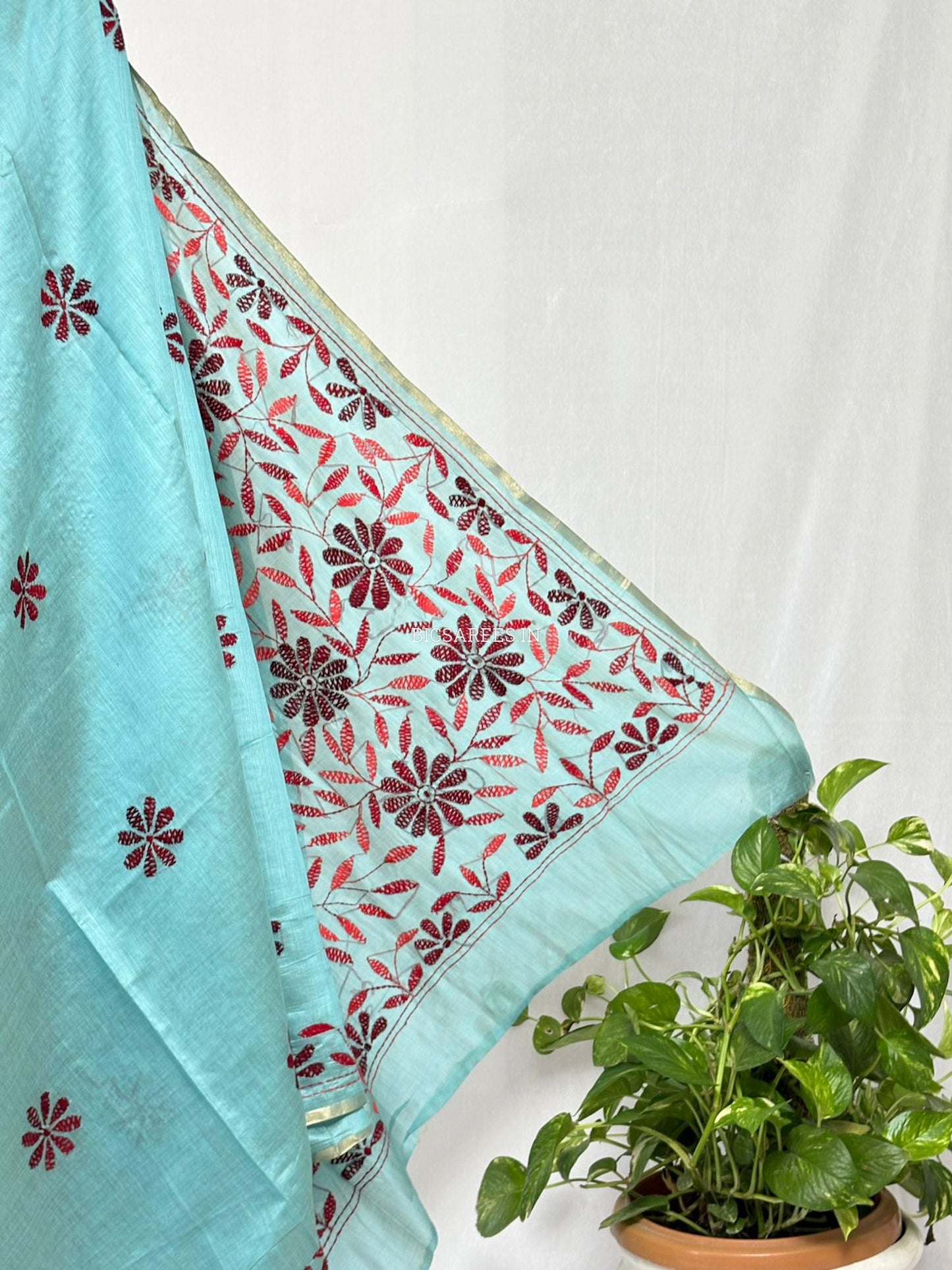 Kantha Stitch Semi Tussar with Blouse | Hand-Embroidered | Teal