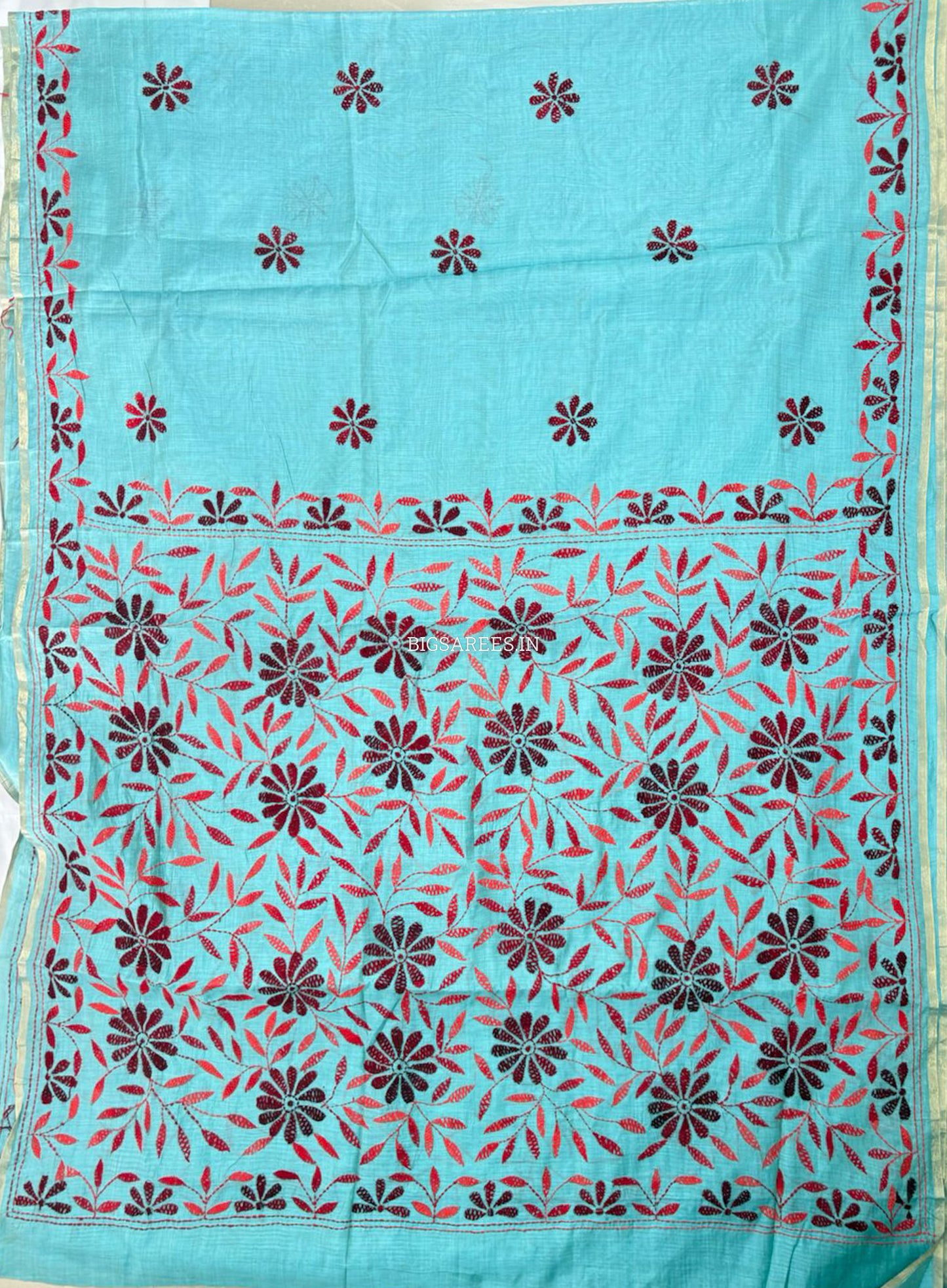 Kantha Stitch Semi Tussar with Blouse | Hand-Embroidered | Teal