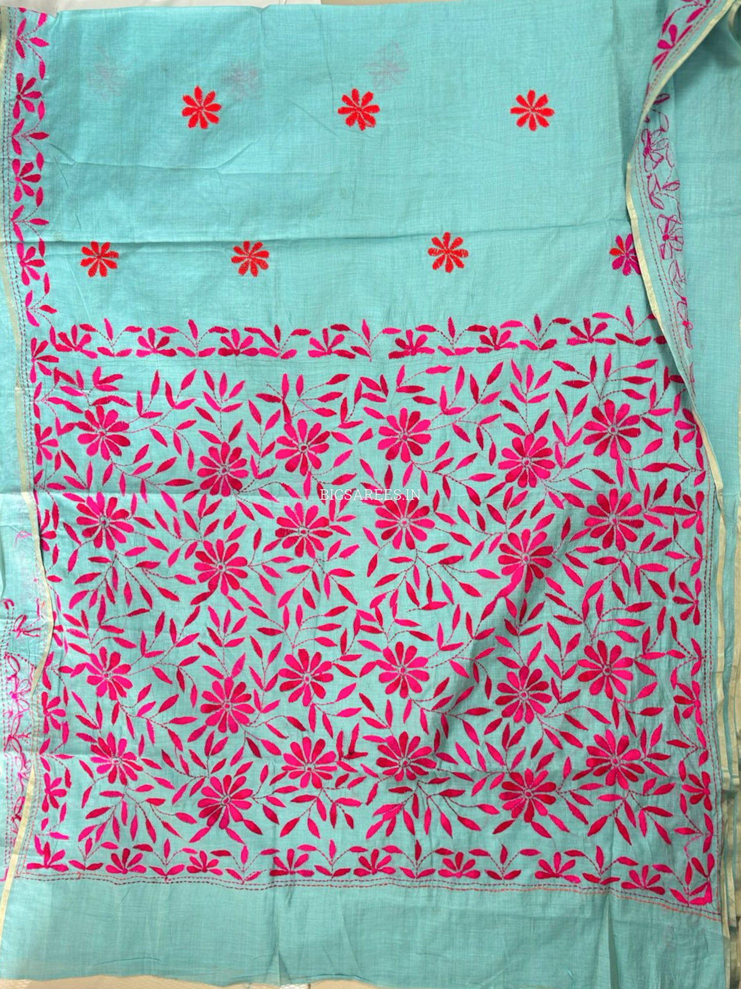 Kantha Stitch Semi Tussar with Blouse | Hand-Embroidered | Teal