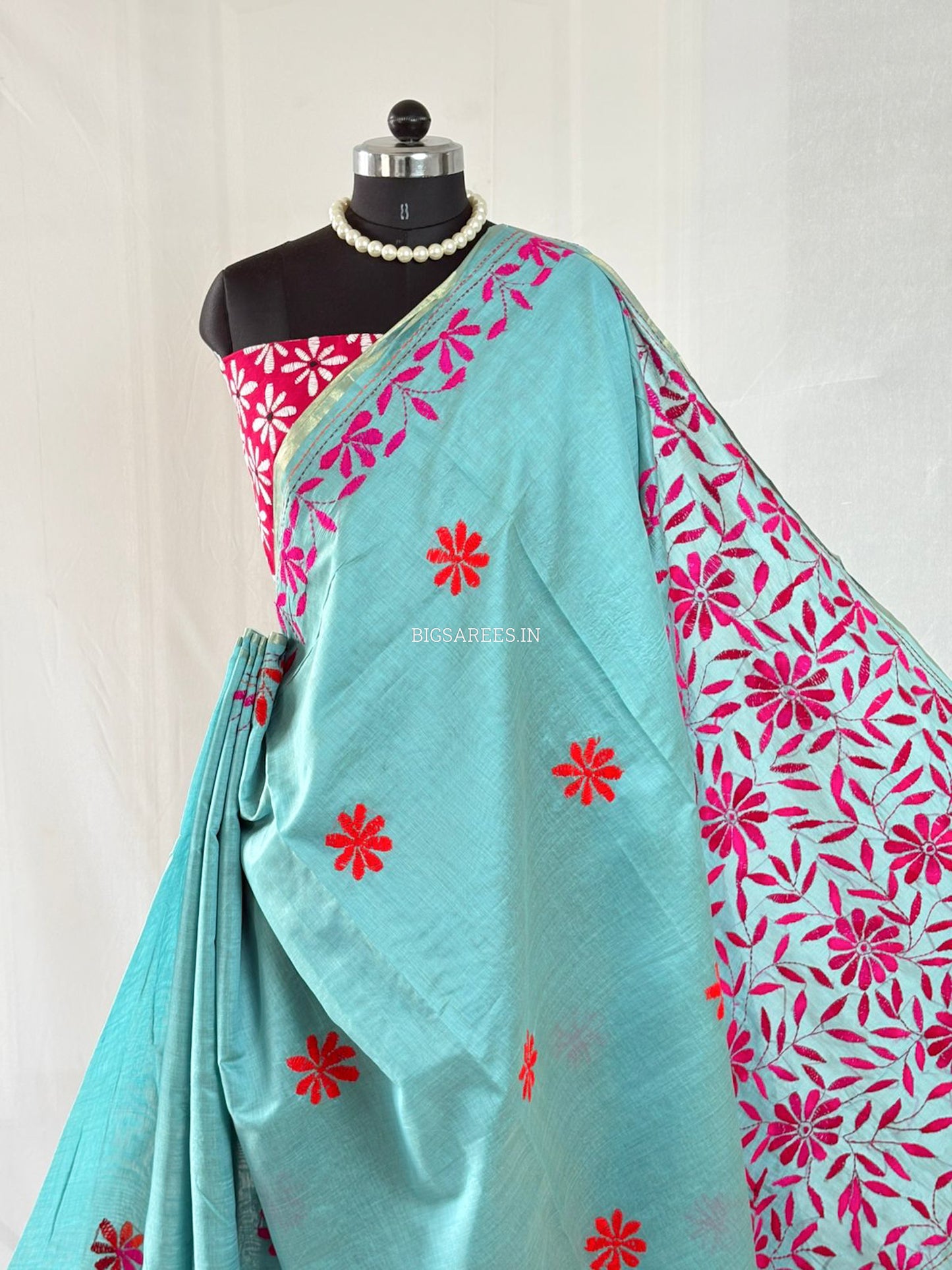 Kantha Stitch Semi Tussar with Blouse | Hand-Embroidered | Teal