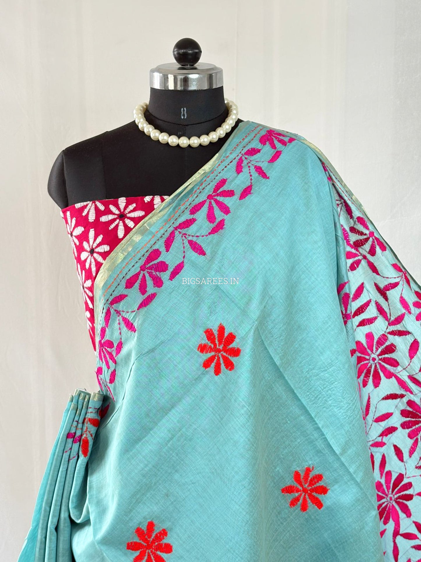 Kantha Stitch Semi Tussar with Blouse | Hand-Embroidered | Teal