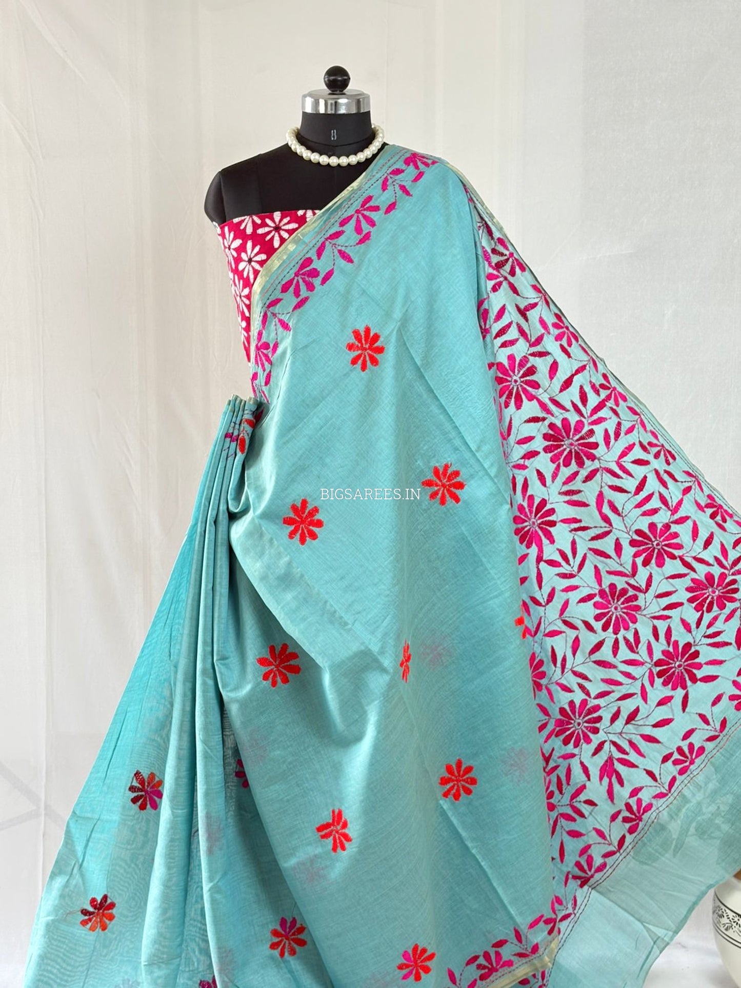 Kantha Stitch Semi Tussar with Blouse | Hand-Embroidered | Teal