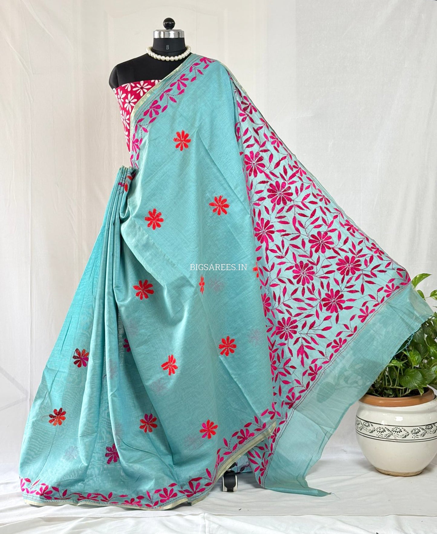 Kantha Stitch Semi Tussar with Blouse | Hand-Embroidered | Teal