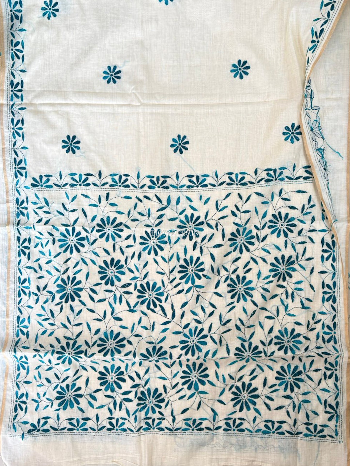 Kantha Stitch Semi Tussar with Blouse | Hand-Embroidered | Off White